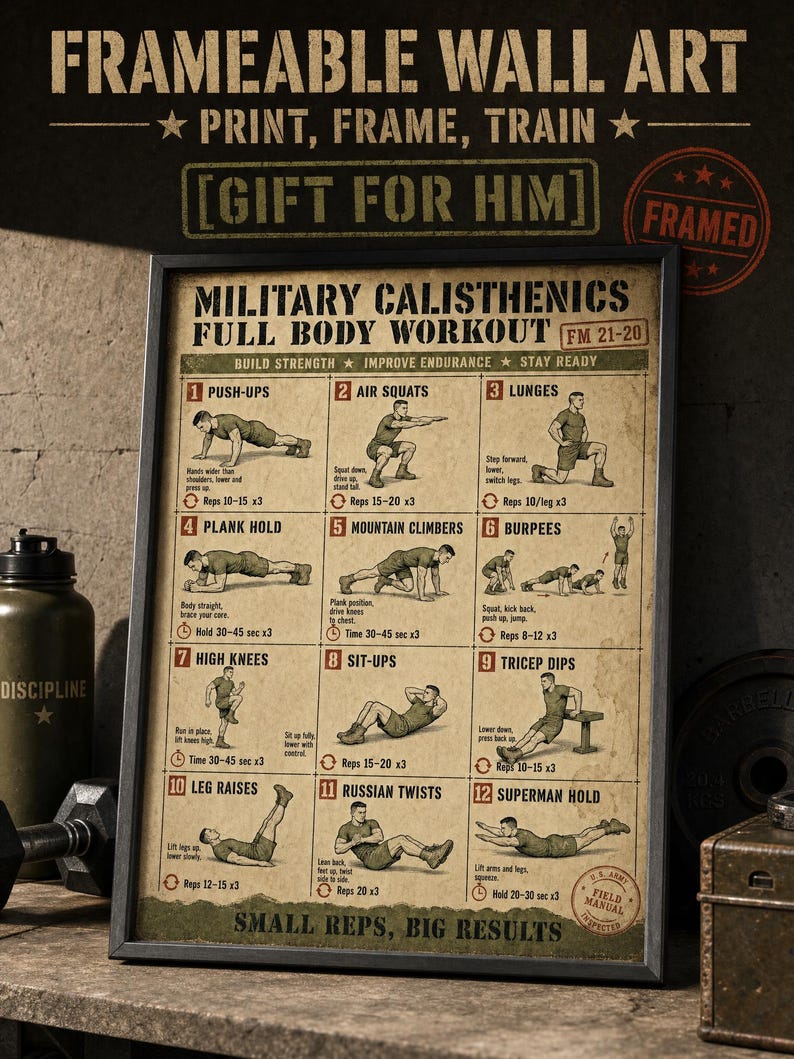 Puede incluir: Un p&oacute;ster de pared enmarcado titulado Military Calisthenics Full Body Workout FM 21-20. La l&aacute;mina muestra doce ilustraciones numeradas de ejercicios, incluyendo flexiones, sentadillas y burpees, con instrucciones y repeticiones.