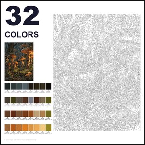 May include: A paint-by-numbers kit featuring a forest scene with mushrooms and small dwellings. The image includes a large numbered outline canvas, a small color reference image, and a palette of 32 distinct color swatches with labels.