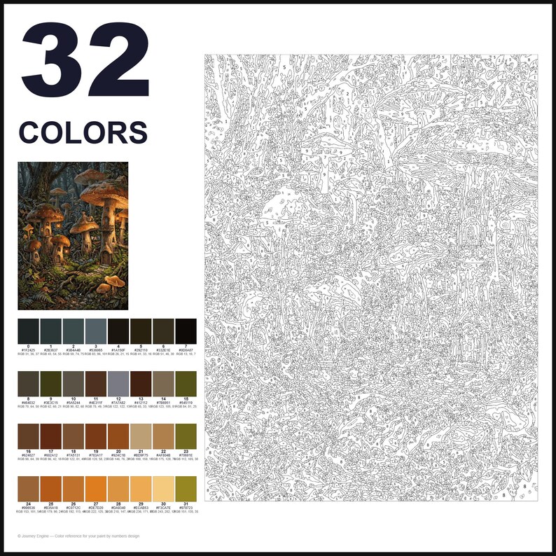 May include: A paint-by-numbers kit featuring a forest scene with mushrooms and small dwellings. The image includes a large numbered outline canvas, a small color reference image, and a palette of 32 distinct color swatches with labels.