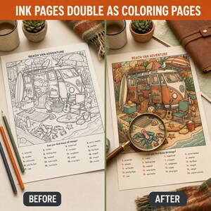 May include: Two sheets of paper titled Beach Van Adventure, one black and white line art and one colored version, featuring a camper van, surfboard, beach chair, and various items. A magnifying glass rests on the colored sheet.