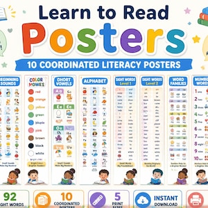 Può includere: Un set di 10 poster educativi sull'alfabetizzazione intitolati Learn to Read Posters. La collezione include grafici per digrammi, suoni iniziali, colori, vocali, alfabeto, parole visive, famiglie di parole, numeri e parole CVC.