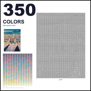 May include: A paint-by-numbers pattern featuring the text 350 COLORS and 350 squares wide. The design includes a small color reference image of a beach scene with umbrellas, a large grid of 350 color swatches, and a large gray-scale grid pattern.