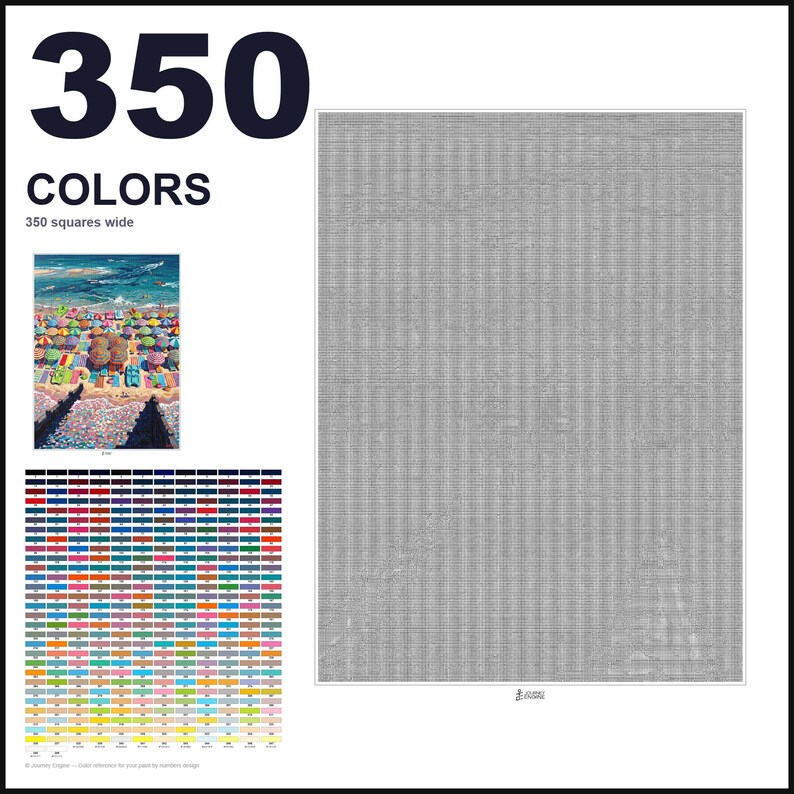 May include: A paint-by-numbers pattern featuring the text 350 COLORS and 350 squares wide. The design includes a small color reference image of a beach scene with umbrellas, a large grid of 350 color swatches, and a large gray-scale grid pattern.