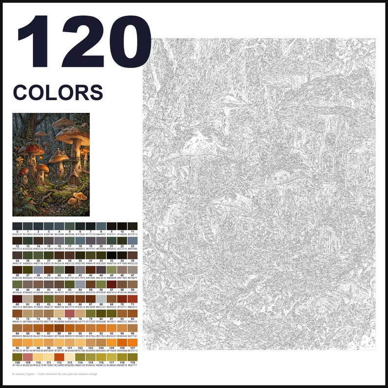May include: A paint-by-numbers kit featuring a forest scene with large mushrooms and small dwellings. The set includes a color-coded reference image, a large numbered outline canvas, and a grid of 120 distinct color swatches labeled 0 through 119.