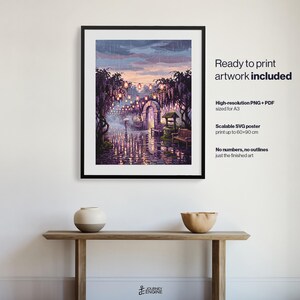 May include: A framed digital art print featuring a rainy garden scene with purple wisteria, glowing lanterns, and a stone archway. Text on the right reads: Ready to print artwork included, High-resolution PNG + PDF sized for A3, Scalable SVG poster print up to 60x90 cm, No numbers, no outlines, just the finished art.