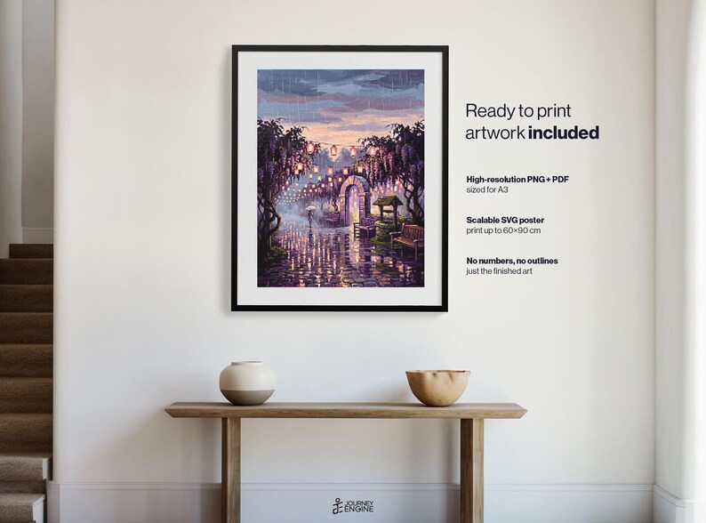 May include: A framed digital art print featuring a rainy garden scene with purple wisteria, glowing lanterns, and a stone archway. Text on the right reads: Ready to print artwork included, High-resolution PNG + PDF sized for A3, Scalable SVG poster print up to 60x90 cm, No numbers, no outlines, just the finished art.