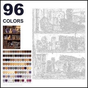 May include: A paint-by-numbers kit featuring a 96-color palette and a reference image of a rustic shelf filled with apothecary jars, dried herbs, crystals, and a mortar and pestle. The canvas displays a detailed line drawing of the scene.