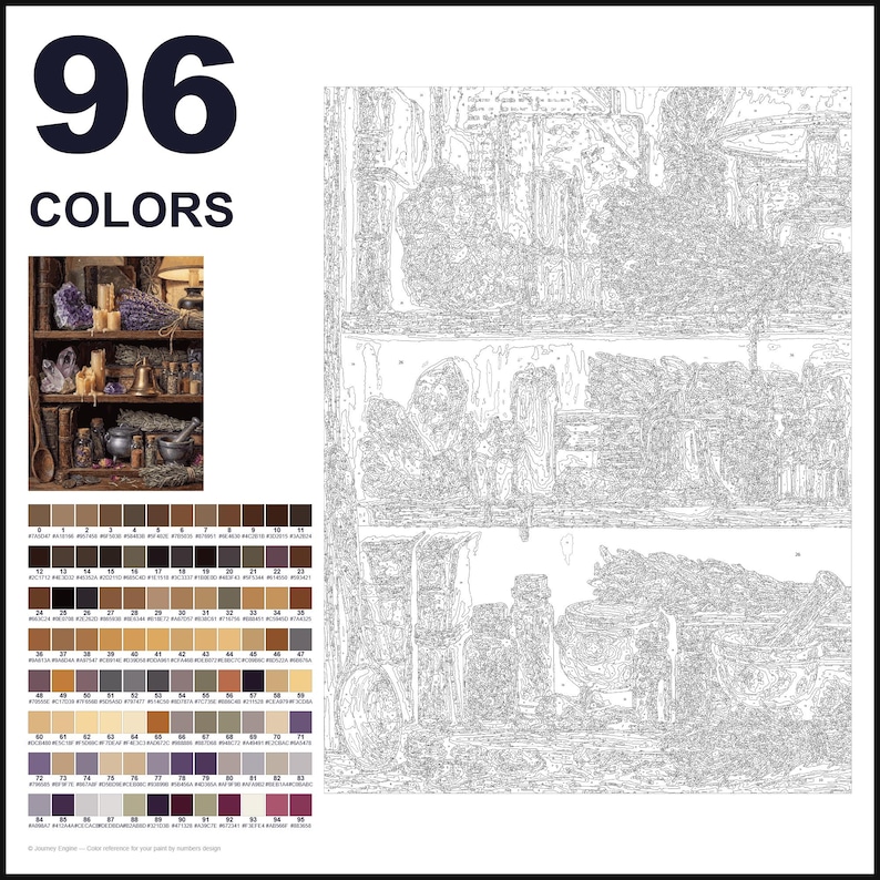 May include: A paint-by-numbers kit featuring a 96-color palette and a reference image of a rustic shelf filled with apothecary jars, dried herbs, crystals, and a mortar and pestle. The canvas displays a detailed line drawing of the scene.