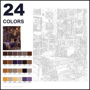 Puede incluir: Un kit de pintura por n&uacute;meros con 24 colores y un contorno numerado de una escena de biblioteca con una chaise longue morada, estanter&iacute;as y cuadros. El conjunto incluye una peque&ntilde;a imagen de referencia y una cuadr&iacute;cula de 24 muestras de pintura.