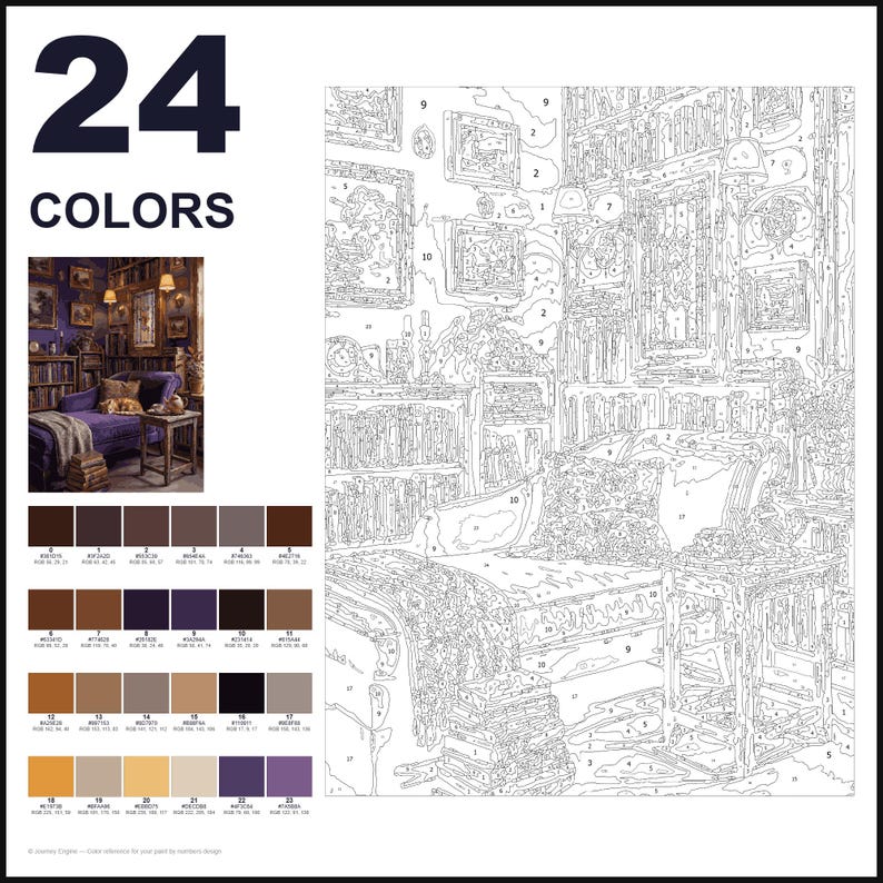 Puede incluir: Un kit de pintura por n&uacute;meros con 24 colores y un contorno numerado de una escena de biblioteca con una chaise longue morada, estanter&iacute;as y cuadros. El conjunto incluye una peque&ntilde;a imagen de referencia y una cuadr&iacute;cula de 24 muestras de pintura.