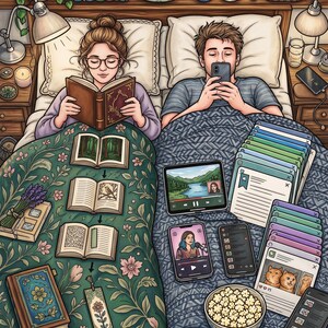 Puede incluir: Una ilustraci&oacute;n de dos personas en la cama. Una lee un libro bajo una manta floral verde con varios libros abiertos y un marcap&aacute;ginas. La otra usa un smartphone bajo una manta azul, rodeada de ventanas digitales y un cuenco de palomitas de ma&iacute;z.