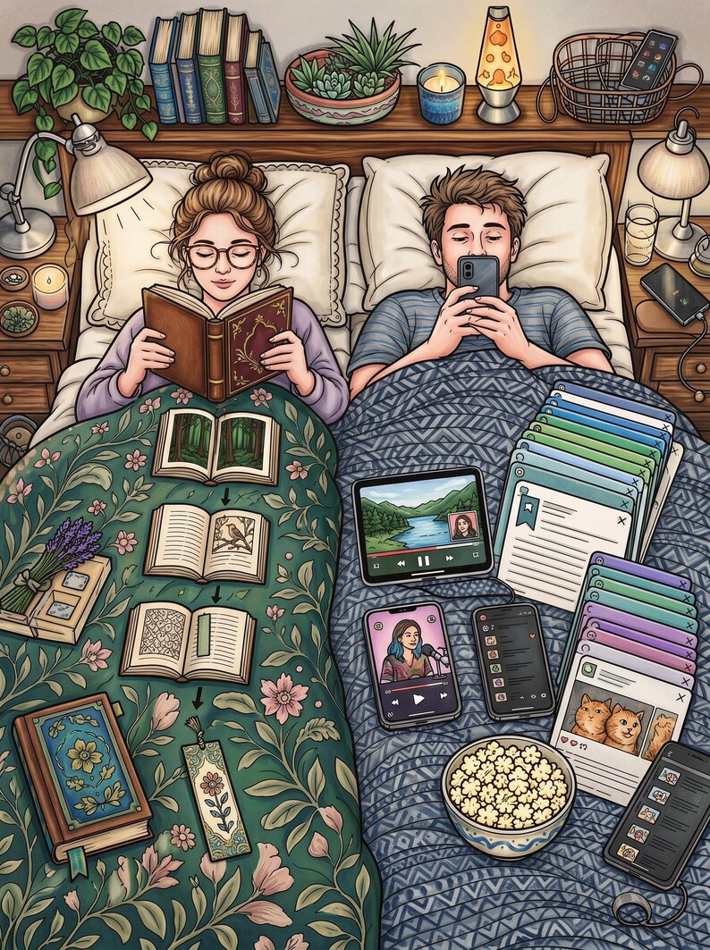 Puede incluir: Una ilustraci&oacute;n de dos personas en la cama. Una lee un libro bajo una manta floral verde con varios libros abiertos y un marcap&aacute;ginas. La otra usa un smartphone bajo una manta azul, rodeada de ventanas digitales y un cuenco de palomitas de ma&iacute;z.