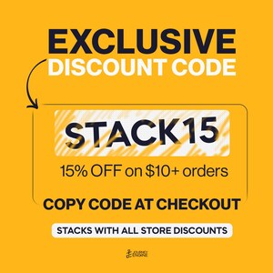 May include: A yellow graphic featuring the text EXCLUSIVE DISCOUNT CODE with an arrow pointing to a box containing the text STACK15. Below this, the text reads 15% OFF on $10+ orders, COPY CODE AT CHECKOUT, and STACKS WITH ALL STORE DISCOUNTS.