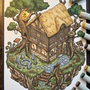 Puede incluir: Ilustraci&oacute;n detallada de una caba&ntilde;a de fantas&iacute;a ubicada en un &aacute;rbol, con techo de paja y cimientos de piedra. La obra de arte presenta un dise&ntilde;o caprichoso con setas, un camino de piedra y un pozo. La paleta de colores incluye marrones, verdes y amarillos.