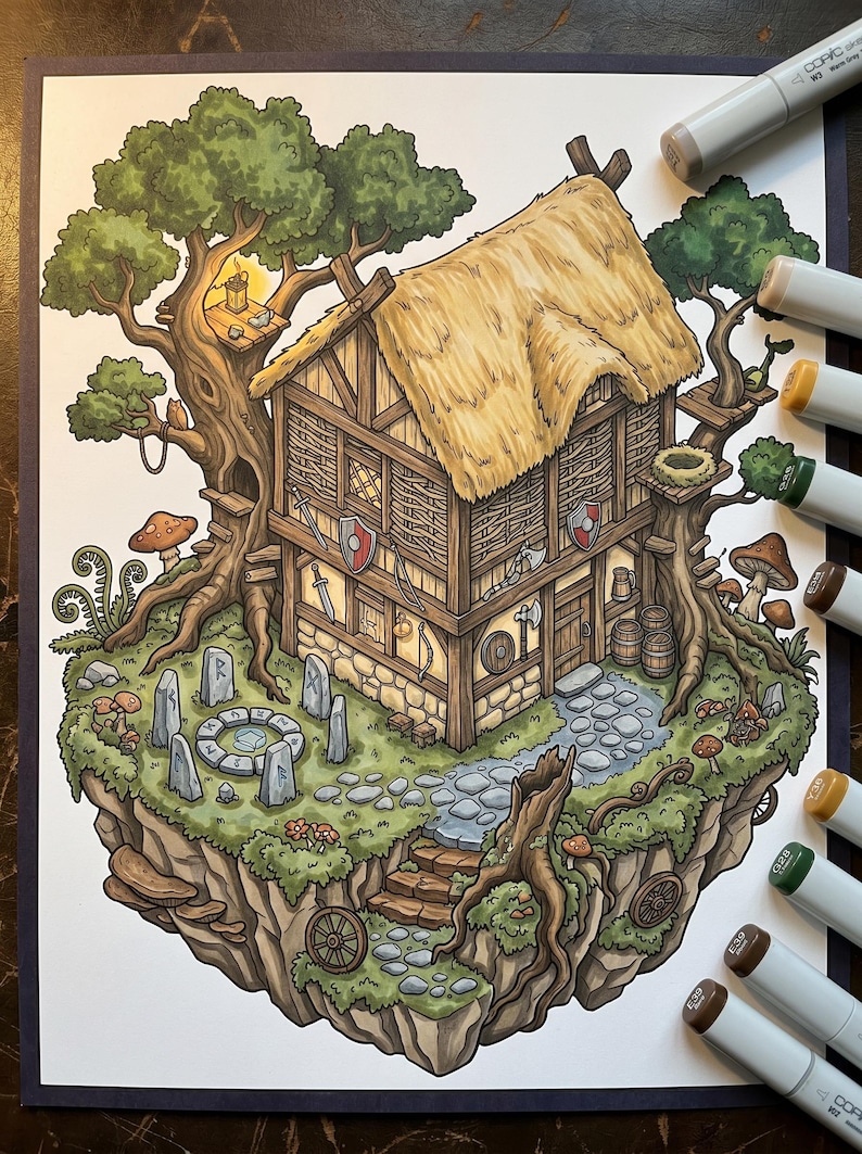 Puede incluir: Ilustraci&oacute;n detallada de una caba&ntilde;a de fantas&iacute;a ubicada en un &aacute;rbol, con techo de paja y cimientos de piedra. La obra de arte presenta un dise&ntilde;o caprichoso con setas, un camino de piedra y un pozo. La paleta de colores incluye marrones, verdes y amarillos.