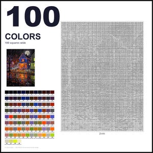 May include: A paint-by-numbers kit featuring a 100-color palette, a reference image of a house at night, and a large grid of 100 squares wide filled with numerical codes. The text 100 COLORS and 100 squares wide is printed in black.