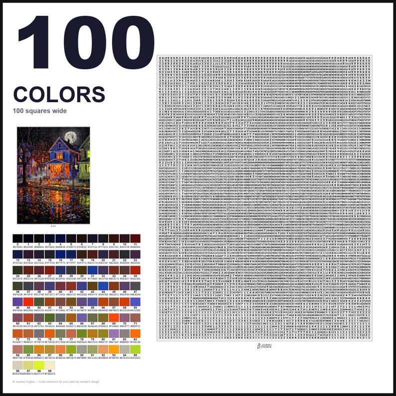 May include: A paint-by-numbers kit featuring a 100-color palette, a reference image of a house at night, and a large grid of 100 squares wide filled with numerical codes. The text 100 COLORS and 100 squares wide is printed in black.