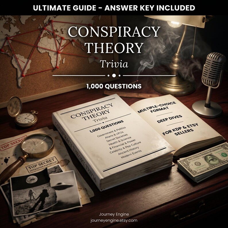 K&ouml;nnte beinhalten: Ein Buch mit dem Titel "Conspiracy Theory Trivia" mit 1.000 Fragen, ge&ouml;ffnet, um ein Multiple-Choice-Format und Deep Dives zu enth&uuml;llen. Das Bild enth&auml;lt ein Vintage-Mikrofon, eine Lupe und eine Karte mit roter Schnur.