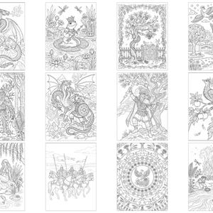May include: A collection of twelve black and white line art illustrations featuring fantasy themes including dragons, a frog king, a phoenix, a forest guardian, warriors, and intricate circular patterns, designed for coloring on individual pages.