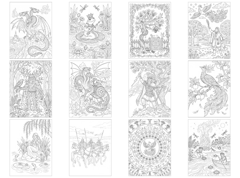 May include: A collection of twelve black and white line art illustrations featuring fantasy themes including dragons, a frog king, a phoenix, a forest guardian, warriors, and intricate circular patterns, designed for coloring on individual pages.