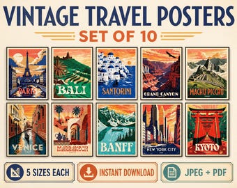 Vintage Travel Poster Set of 10 | Retro Wanderlust Wall Art | World Travel Gallery Wall Decor | Printable Bundle Instant Download