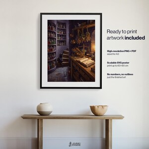 May include: A framed wall art print depicting a dimly lit apothecary interior with shelves of colorful glass bottles, a wooden desk, an open book, and hanging dried herbs. The text on the right reads: Ready to print artwork included, High-resolution PNG + PDF sized for A3, Scalable SVG poster print up to 60x90 cm, No numbers, no outlines just the finished art.