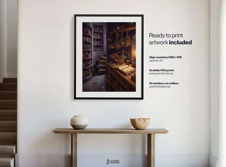 May include: A framed wall art print depicting a dimly lit apothecary interior with shelves of colorful glass bottles, a wooden desk, an open book, and hanging dried herbs. The text on the right reads: Ready to print artwork included, High-resolution PNG + PDF sized for A3, Scalable SVG poster print up to 60x90 cm, No numbers, no outlines just the finished art.