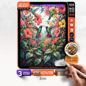 May include: A digital diamond mosaic art file titled Hummingbirds and Hibiscus, featuring vibrant green hummingbirds and red and yellow hibiscus flowers. The interface displays Procreate Ready, 92K squares, 350 ultra fine detail colors, and a 3D glossy mosaic effect badge. Includes a color palette and a numbered grid section for filling in the design.