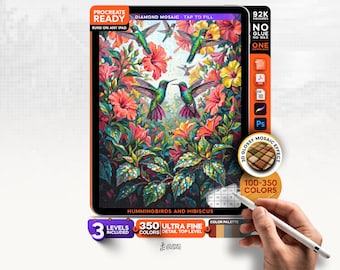 Digital Diamond Painting, Mystery Mosaic iPad, Hummingbirds and Hibiscus, Tropical Procreate Art, 3 Levels, 92K Squares, Instant Download