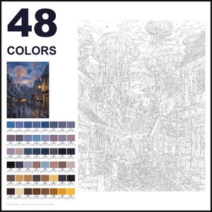 May include: A paint-by-numbers kit featuring a 48-color palette and a line art canvas depicting a cobblestone street scene with large jellyfish floating in the sky above buildings. The text 48 COLORS is printed in large black font at the top left.