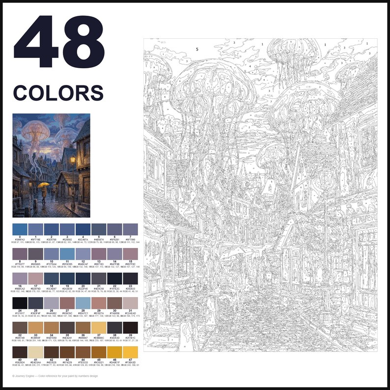 May include: A paint-by-numbers kit featuring a 48-color palette and a line art canvas depicting a cobblestone street scene with large jellyfish floating in the sky above buildings. The text 48 COLORS is printed in large black font at the top left.