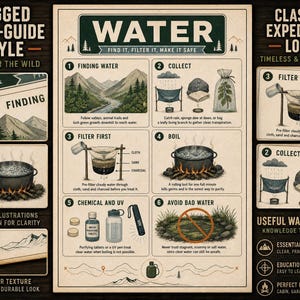 K&ouml;nnte beinhalten: Ein beigefarbenes Lehrplakat mit dem Titel WATER, das sechs illustrierte Schritte zum Finden, Sammeln, Filtern und Abkochen von Wasser in der Wildnis zeigt. Das Poster enth&auml;lt detaillierte Zeichnungen, erkl&auml;renden Text und eine gealterte Papierstruktur.