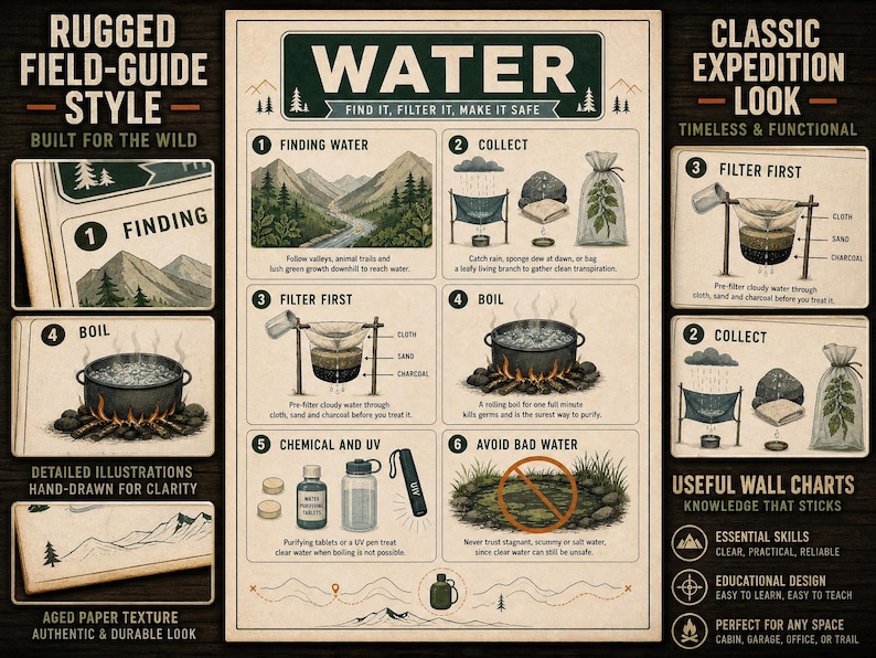 K&ouml;nnte beinhalten: Ein beigefarbenes Lehrplakat mit dem Titel WATER, das sechs illustrierte Schritte zum Finden, Sammeln, Filtern und Abkochen von Wasser in der Wildnis zeigt. Das Poster enth&auml;lt detaillierte Zeichnungen, erkl&auml;renden Text und eine gealterte Papierstruktur.