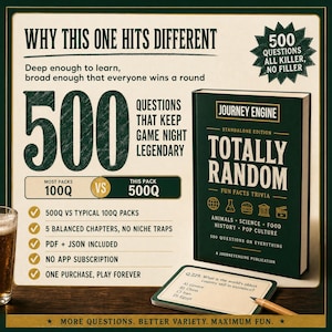 May include: A dark green trivia game box titled Journey Engine Totally Random with 500 questions. The graphic displays a comparison between 100Q and 500Q packs, listing features like 5 balanced chapters, PDF and JSON files, and no app subscription.