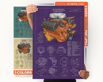 426 Big Block V8 Engine Blueprint Poster, Printable Muscle Car Garage Wall Art, 3 Colorways 5 Sizes, Instant Download Print