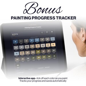 K&ouml;nnte beinhalten: Ein digitales Tablet mit einer Painting Progress Tracker App auf einer dunklen Benutzeroberfl&auml;che. Der Bildschirm zeigt ein Raster aus nummerierten Farbfeldern von 0 bis 32 sowie Textbeschriftungen wie My Painting und 33 colors.