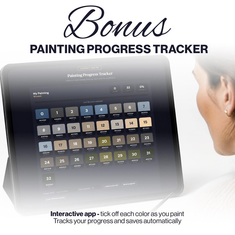 K&ouml;nnte beinhalten: Ein digitales Tablet mit einer Painting Progress Tracker App auf einer dunklen Benutzeroberfl&auml;che. Der Bildschirm zeigt ein Raster aus nummerierten Farbfeldern von 0 bis 32 sowie Textbeschriftungen wie My Painting und 33 colors.
