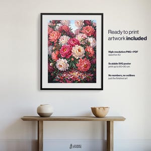 May include: A framed wall art print featuring a vibrant bouquet of pink, red, and white peonies with green foliage. The text reads: Ready to print artwork included, High-resolution PNG + PDF sized for A3, Scalable SVG poster print up to 60x90 cm.