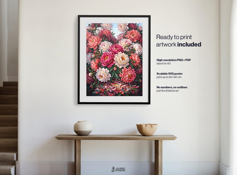 May include: A framed wall art print featuring a vibrant bouquet of pink, red, and white peonies with green foliage. The text reads: Ready to print artwork included, High-resolution PNG + PDF sized for A3, Scalable SVG poster print up to 60x90 cm.
