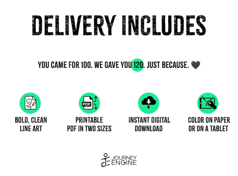 May include: A digital delivery information graphic with black text on a white background. It states: DELIVERY INCLUDES, YOU CAME FOR 100. WE GAVE YOU 120. JUST BECAUSE. Four green circular icons feature line art of a flower, a PDF file, a cloud, and a tablet.