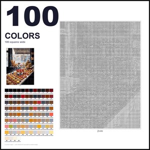 May include: A paint-by-numbers pattern featuring a 100 by 100 grid of numbers, a reference image of a bakery display, and a color key with 100 distinct numbered swatches and corresponding hex codes. The layout includes the text 100 COLORS.