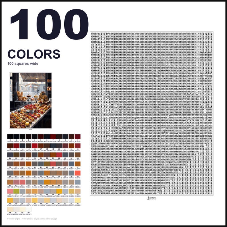 May include: A paint-by-numbers pattern featuring a 100 by 100 grid of numbers, a reference image of a bakery display, and a color key with 100 distinct numbered swatches and corresponding hex codes. The layout includes the text 100 COLORS.