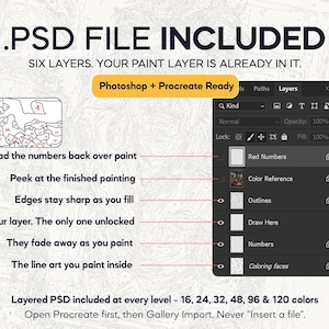 May include: A digital graphic displaying a PSD file structure with six layers for painting. Text includes .PSD FILE INCLUDED, Photoshop + Procreate Ready, and labels for layers like Red Numbers, Color Reference, Outlines, Draw Here, and Coloring faces.