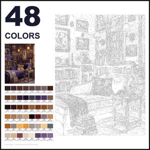 Puede incluir: Un kit de pintura por n&uacute;meros con 48 colores y una plantilla de l&iacute;neas de un interior de biblioteca con una chaise longue, estanter&iacute;as y cuadros. El conjunto incluye una peque&ntilde;a imagen de referencia de color y una cuadr&iacute;cula numerada.