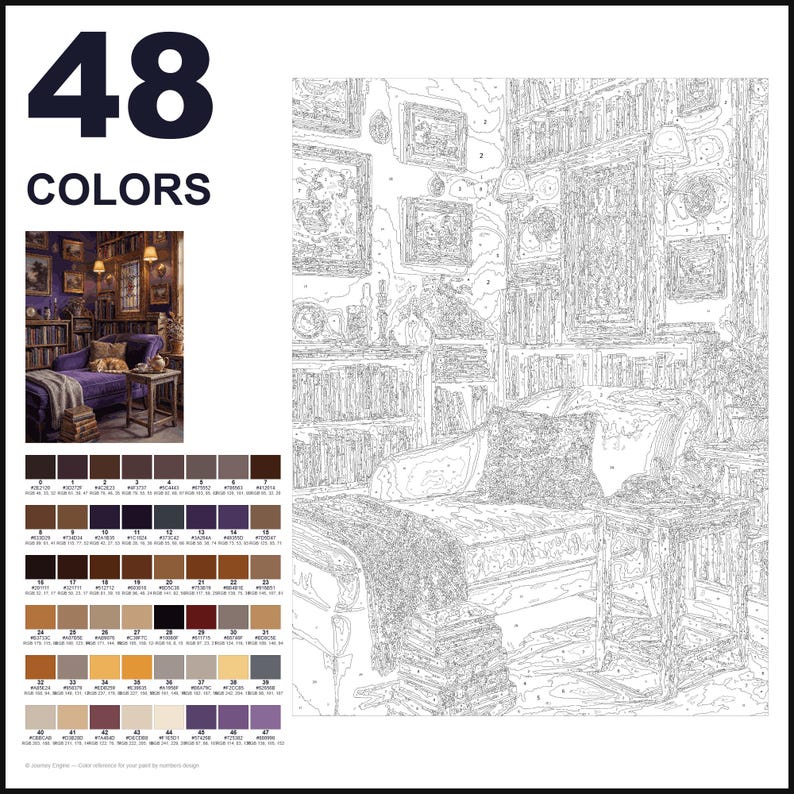 Puede incluir: Un kit de pintura por n&uacute;meros con 48 colores y una plantilla de l&iacute;neas de un interior de biblioteca con una chaise longue, estanter&iacute;as y cuadros. El conjunto incluye una peque&ntilde;a imagen de referencia de color y una cuadr&iacute;cula numerada.