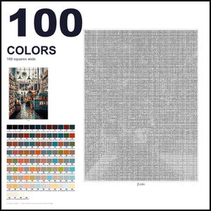 May include: A paint-by-numbers kit featuring a large grid of numbered squares, a small color reference image of a cafe interior, and a comprehensive palette of 100 numbered color swatches with corresponding hex codes for detailed artistic painting.