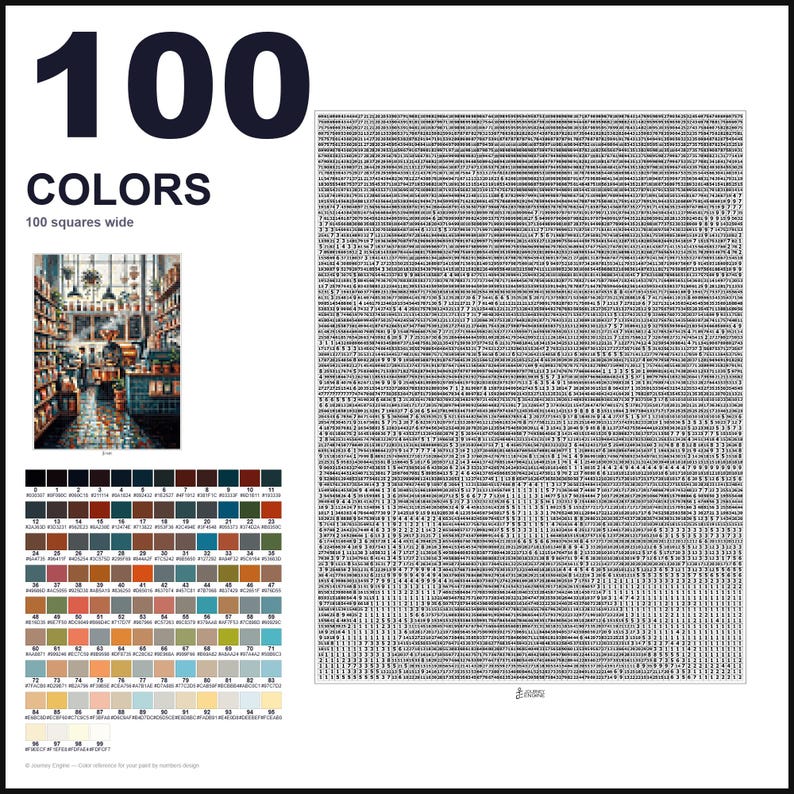 May include: A paint-by-numbers kit featuring a large grid of numbered squares, a small color reference image of a cafe interior, and a comprehensive palette of 100 numbered color swatches with corresponding hex codes for detailed artistic painting.