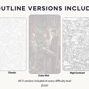 May include: Three paint-by-number templates labeled 3 OUTLINE VERSIONS INCLUDED. The left is Classic, the center is Color Hint showing a wizard and skeletons in a library, and the right is High Contrast. Text at bottom reads All 3 versions included at every difficulty level and Journey Engine.