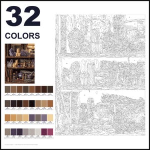 May include: A paint-by-numbers kit featuring a numbered outline of a shelf filled with apothecary jars, crystals, and herbs. The kit includes a small reference image of the finished scene and a palette of 32 distinct color swatches with codes.