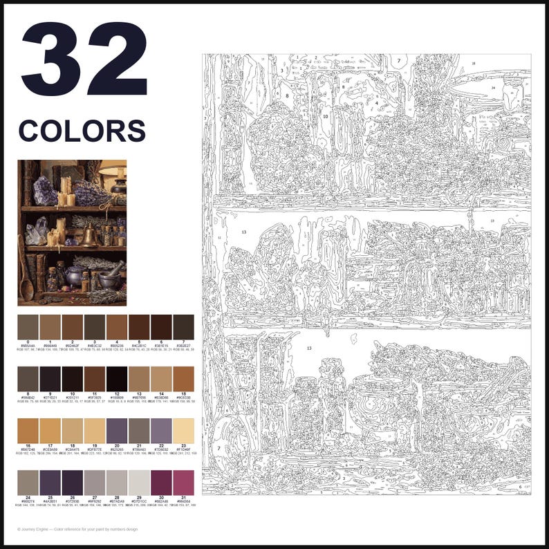 May include: A paint-by-numbers kit featuring a numbered outline of a shelf filled with apothecary jars, crystals, and herbs. The kit includes a small reference image of the finished scene and a palette of 32 distinct color swatches with codes.